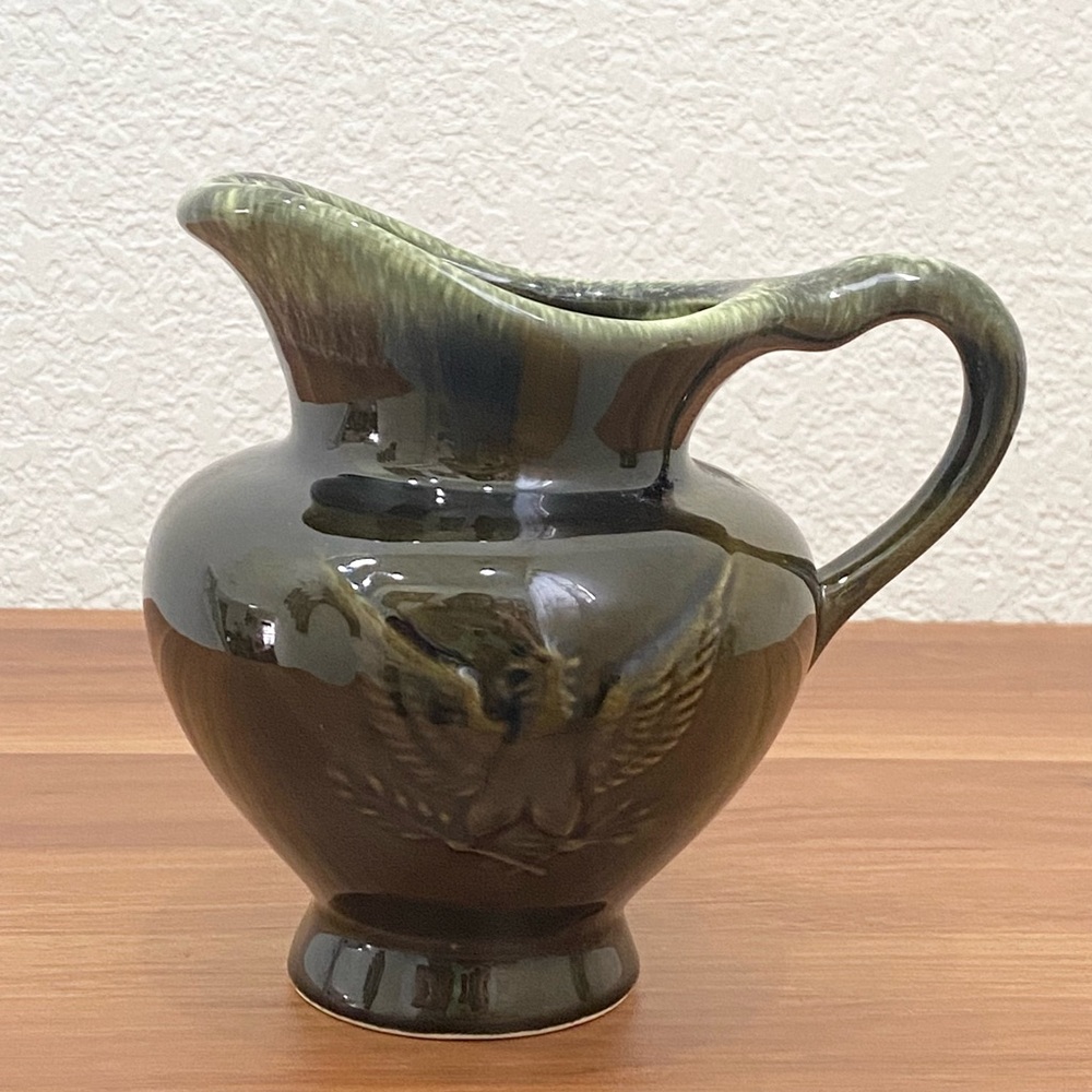 HULL USA F91 Drip Glazed Green 5.5” Pitcher Small Vase with Embossed Eagle
